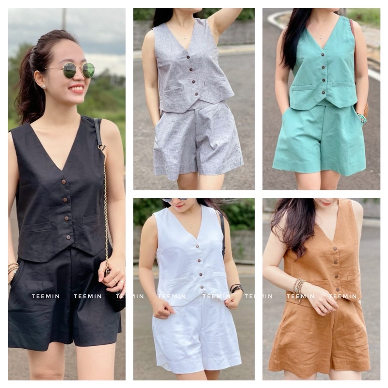 TEEMIN - Set áo ghile quần short Linen / quần short có tách lẻ,phong cách Hàn Quốc cho nữ (ảnh chính chủ shop chụp)