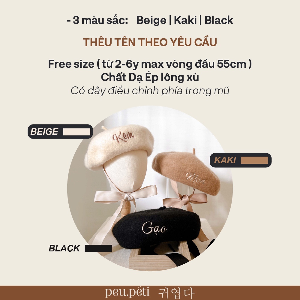 SẴN HÀNG THÊU TÊN Mũ nồi dạ ép lông xù thắt nơ style Hàn - by Peu.péti