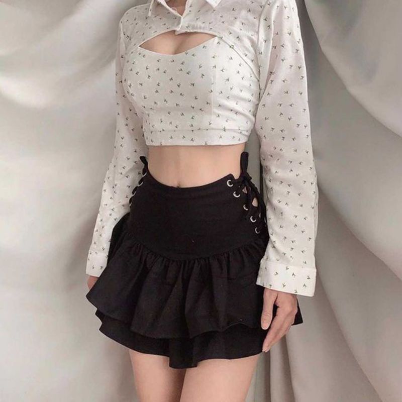 Chân váy tầng tiểu thư thắt dây eo