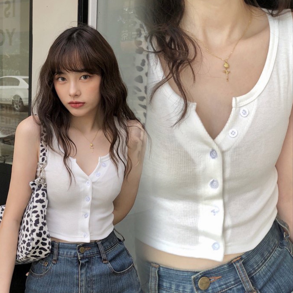Áo thun croptop balỗ 6 cúc cài khuy ôm dáng sexy