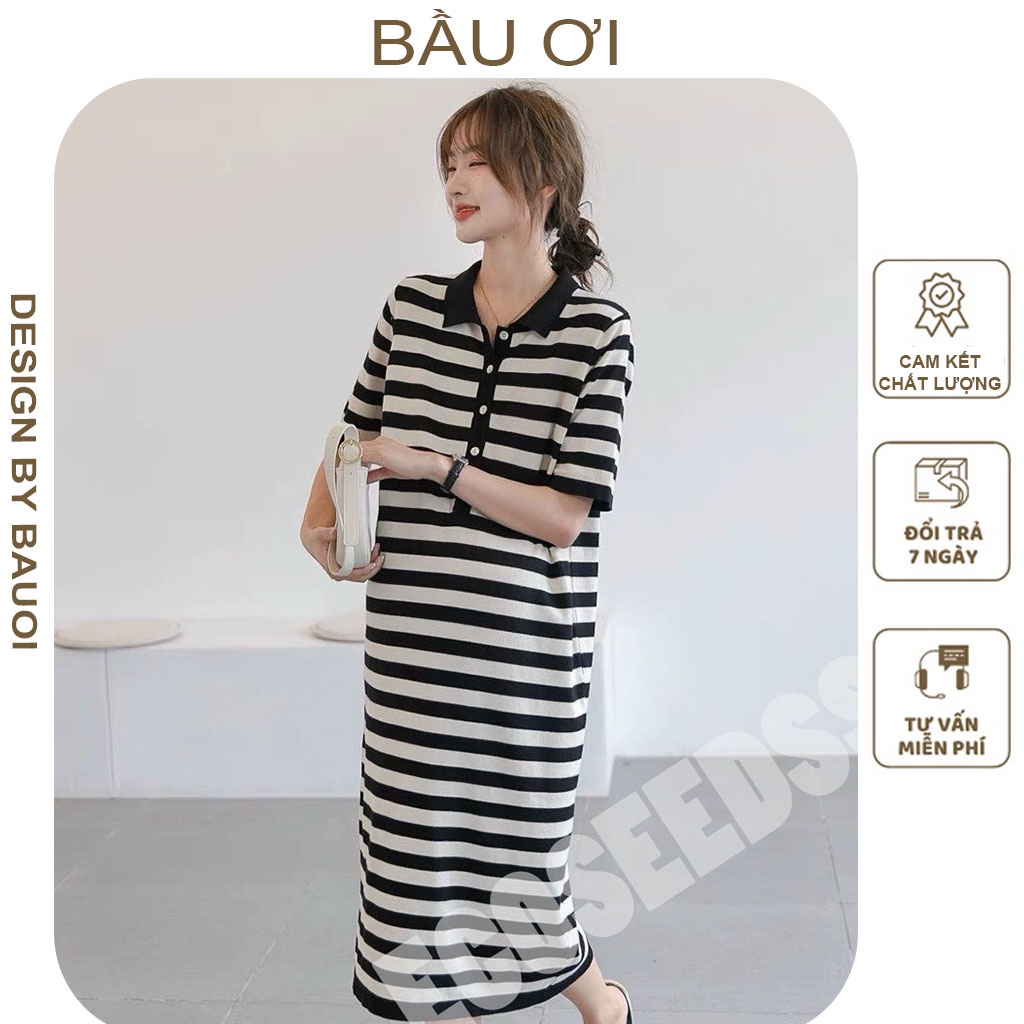 [BÂUOII V74] ĐẦM BẦU SUÔNG DÁNG DÀI CỔ SƠ MI CHẤT ĐẸP, VÁY BẦU KẺ SỌC THỜI TRANG HÀN QUỐC