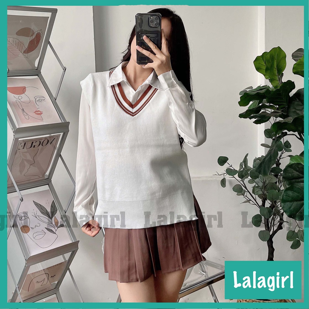 Áo Gile Len Nữ Thun Gân Cổ V Phối Viền, Gile Trơn Dáng Suông