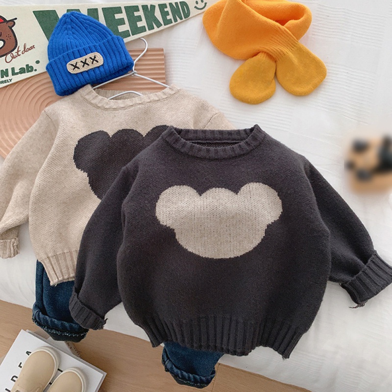 Áo Sweater Dệt Kim Tay Dài Cổ Tròn In Hình Gấu Hoạt Hình Giữ Ấm Cho Bé Trai