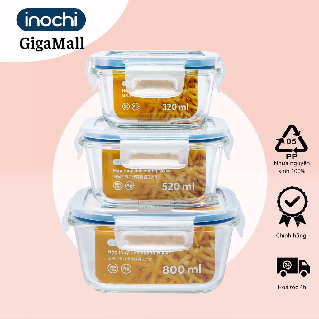 ( HỎA TỐC GIAO 2 GIỜ). Hộp thủy tinh vuông 320ML, 520ml, 800ML INOCHI chịu nhiệt, thiết kế nút thoát hơi nước hiện đại