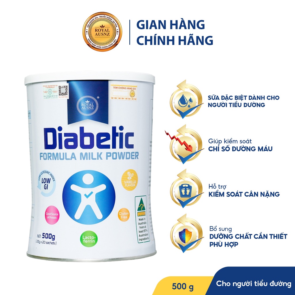 Sữa Dành Cho Người Tiểu Đường Hoàng Gia Úc ROYAL AUSNZ Diabetic Formula Hỗ Trợ Hạ Đường Máu Hộp 500gr