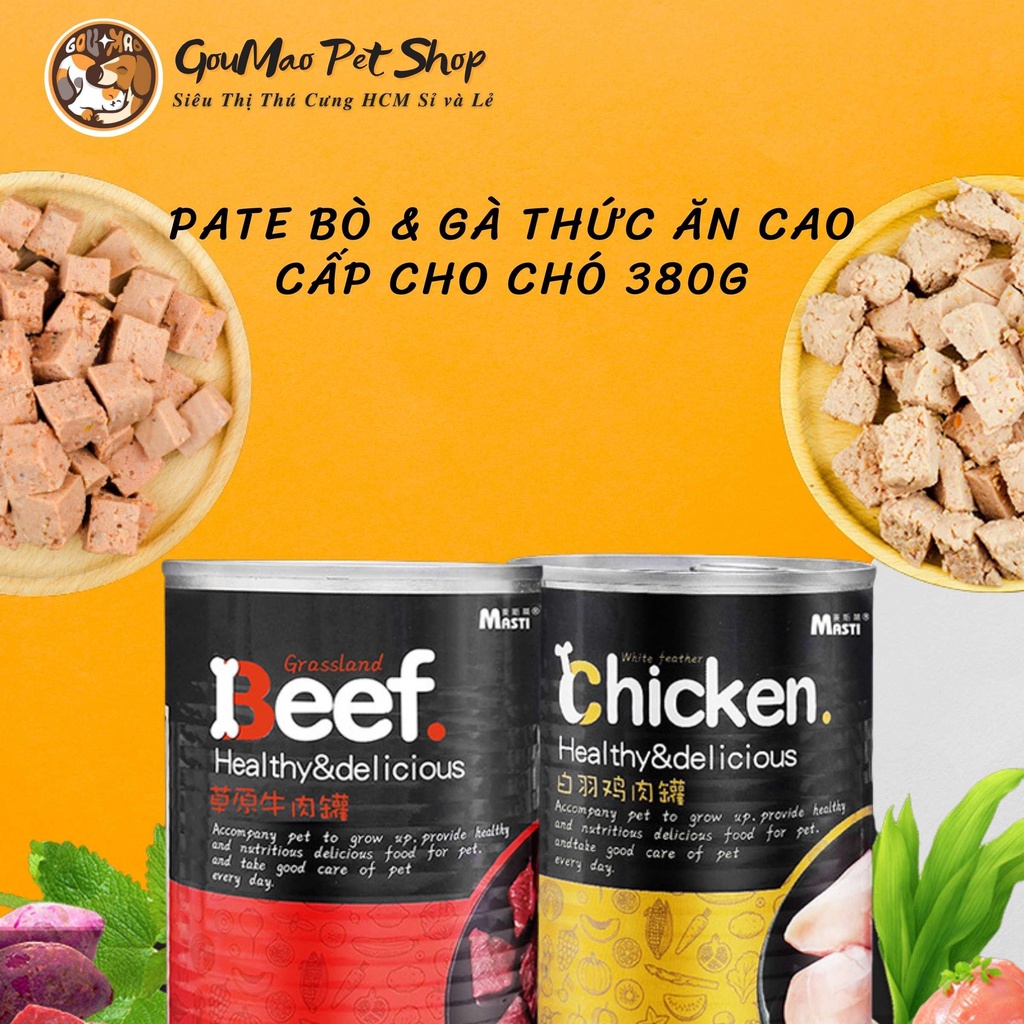 Thức ăn đóng hộp pate cho chó Masti 380g có 2 vị : bò và gà - Goumao pet