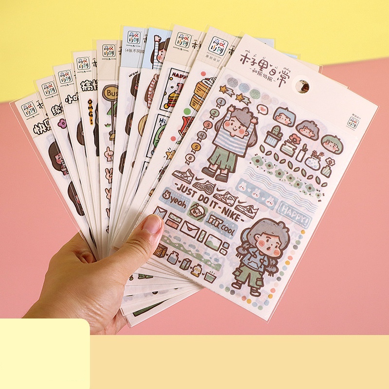 Vẽ tay hoạt hình cô gái dễ thương hàng ngày Sticker một bộ bốn tấm diy