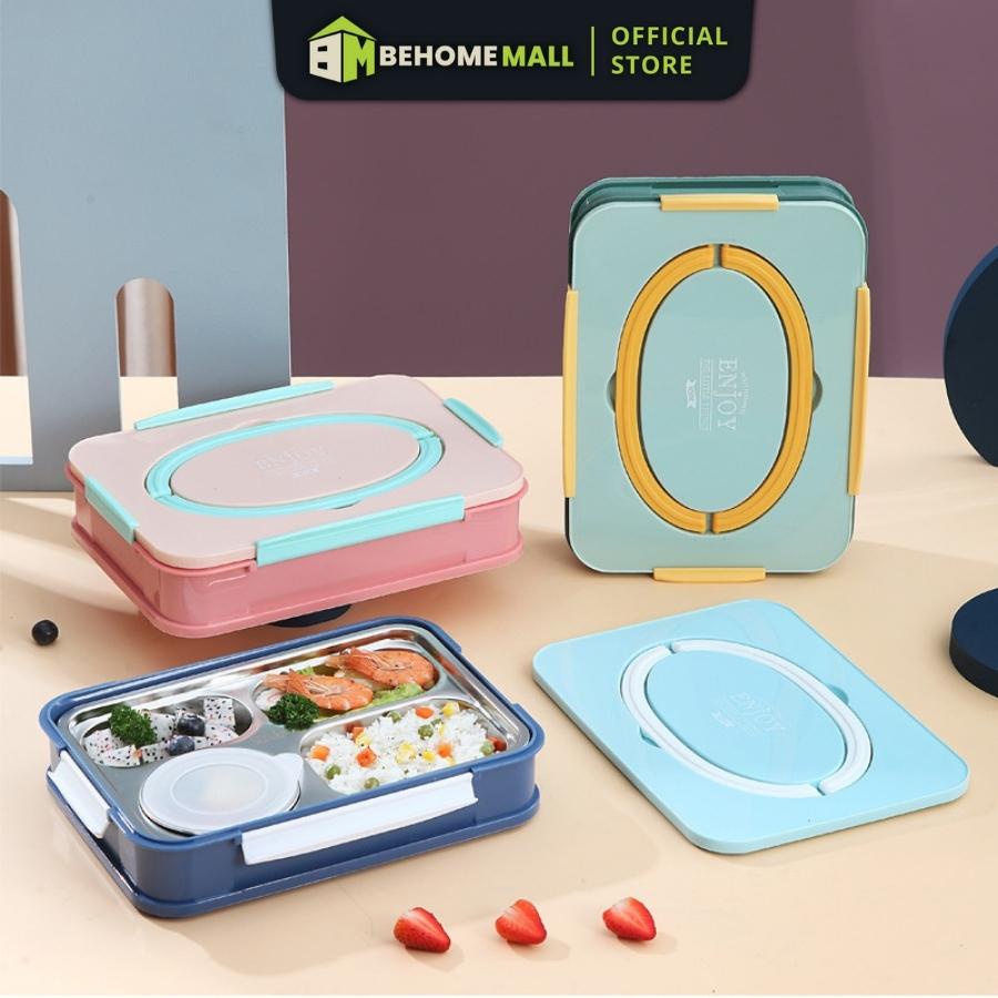 Hộp đựng cơm BEHOMEMALL Hộp cơm văn phòng inox 304 chia ngăn tặng kèm đũa thìa inox dung tích 1L hâm nóng thức ăn