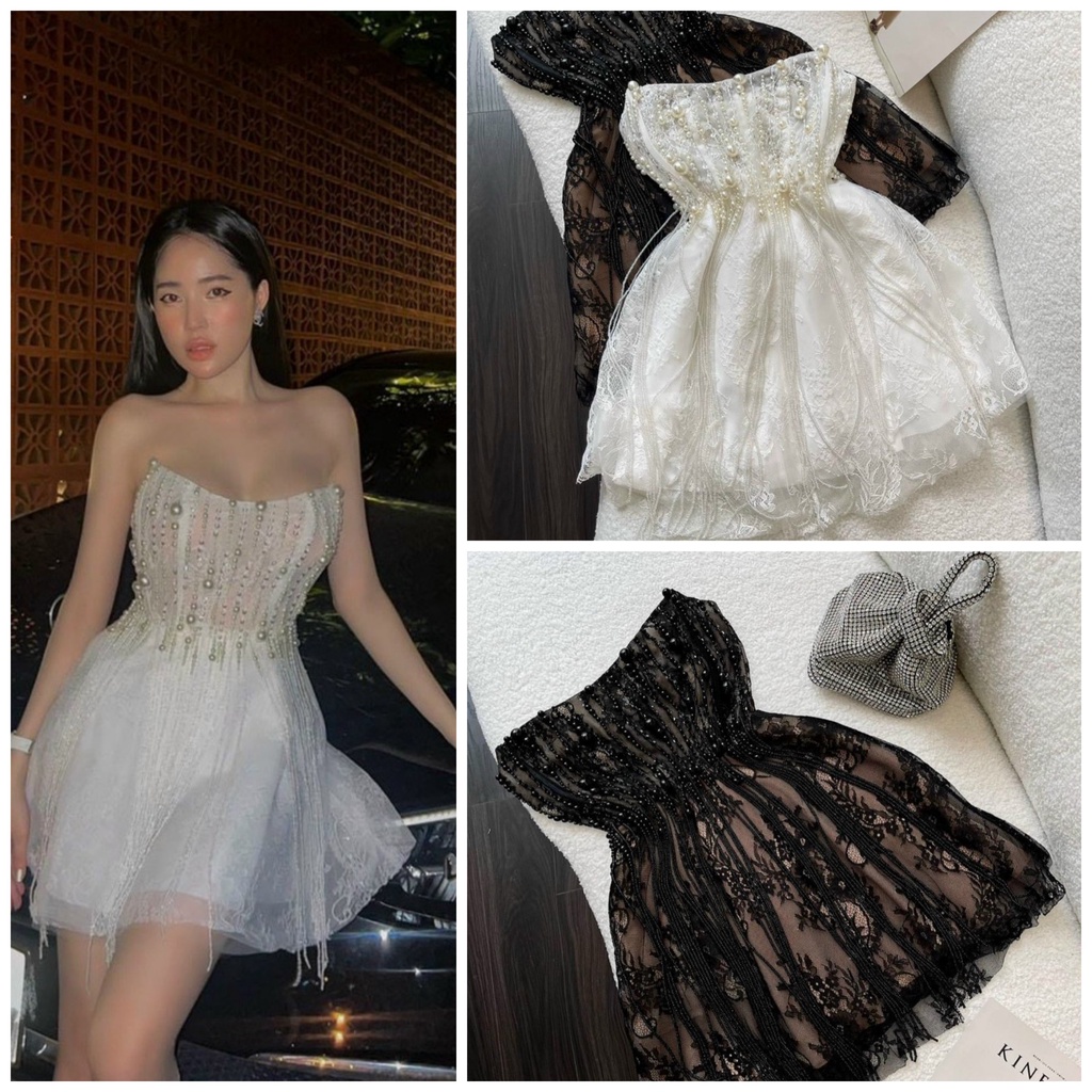 Đầm váy xòe ngắn ren mi kết tua rua đính cườm