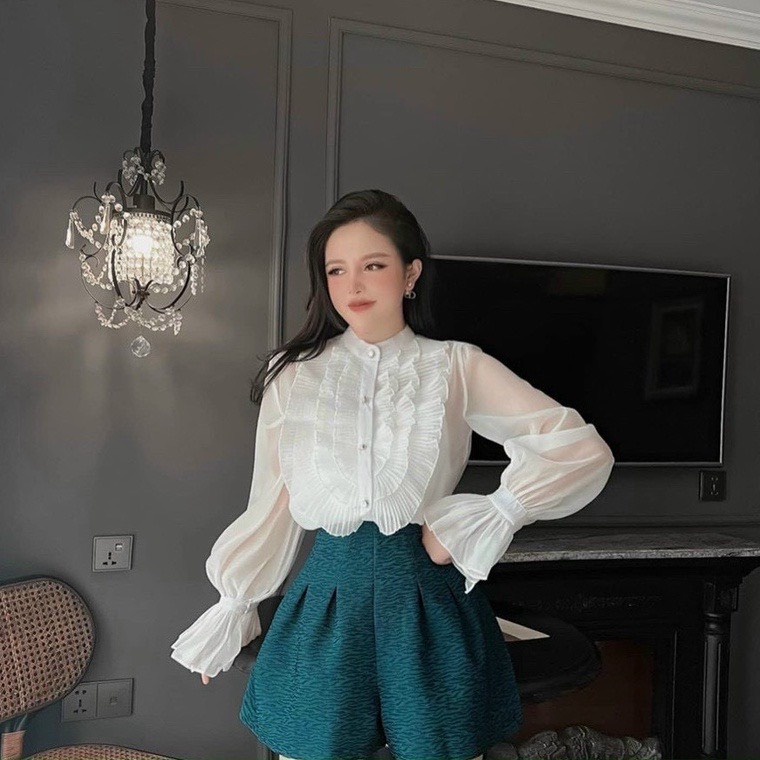 Áo sơ mi nữ tiểu thư cổ tàu phối nhún bào hàng đẹp A358 SUTANO