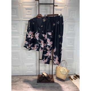 Pijama lụa mango chim hạc đen đỏ tay dài quần dài - Bộ lụa mặc nhà chất mát