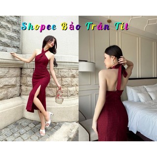Đầm maxi đỏ cổ yếm nơ lưng