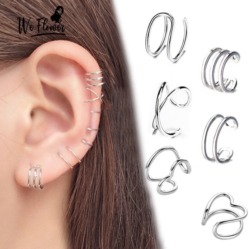 Khuyên Tai We Flower Dạng Kẹp Vành Không Xỏ Lỗ Thép Không Gỉ Thiết Kế Đường Chéo/ Ngang Thời Trang Unisex