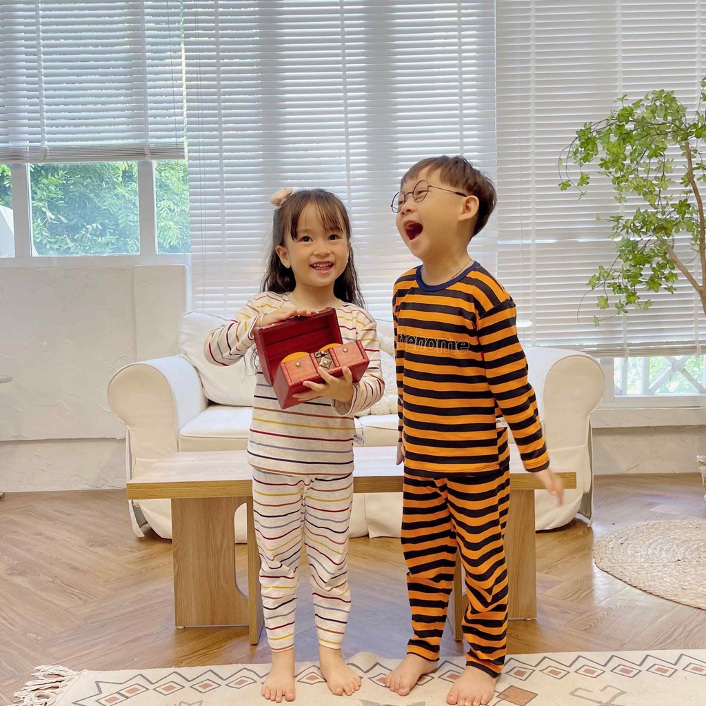 Bộ quần áo dài tay thiết kế sọc ngang có size đại cho bé trai bé gái từ 9-35kg, quần áo thu đông 2022