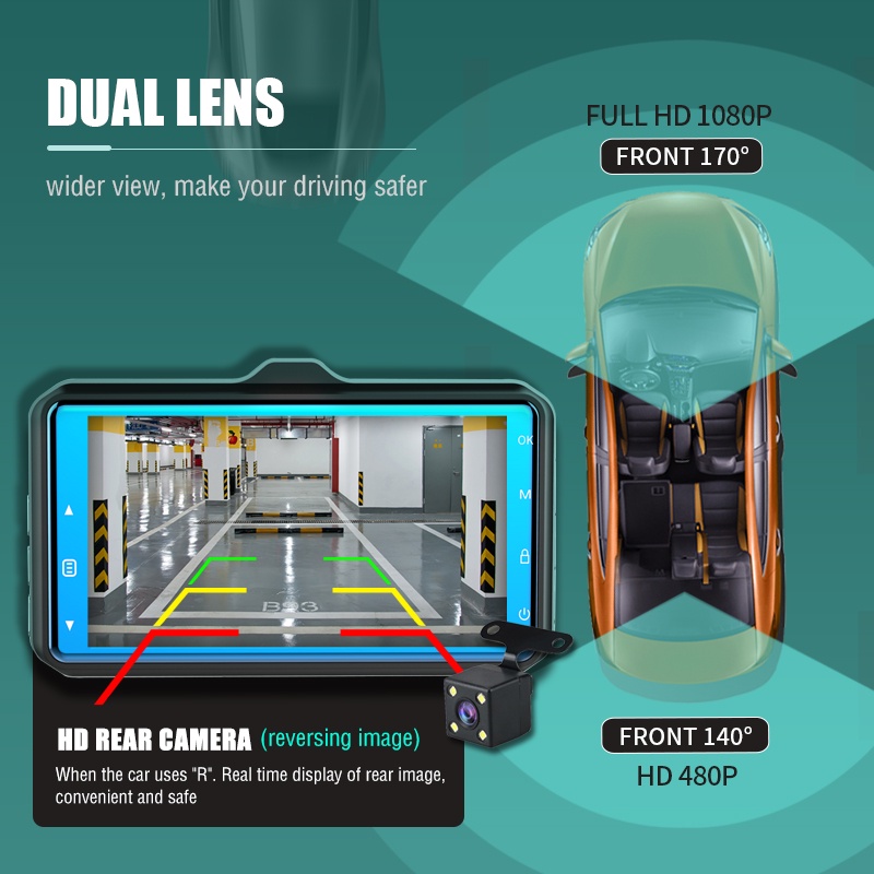 Camera hành trình ASAWIN M21 màn hình cảm ứng 4 in IPS 1080P trước và sau tầm nhìn xa cho ô tô