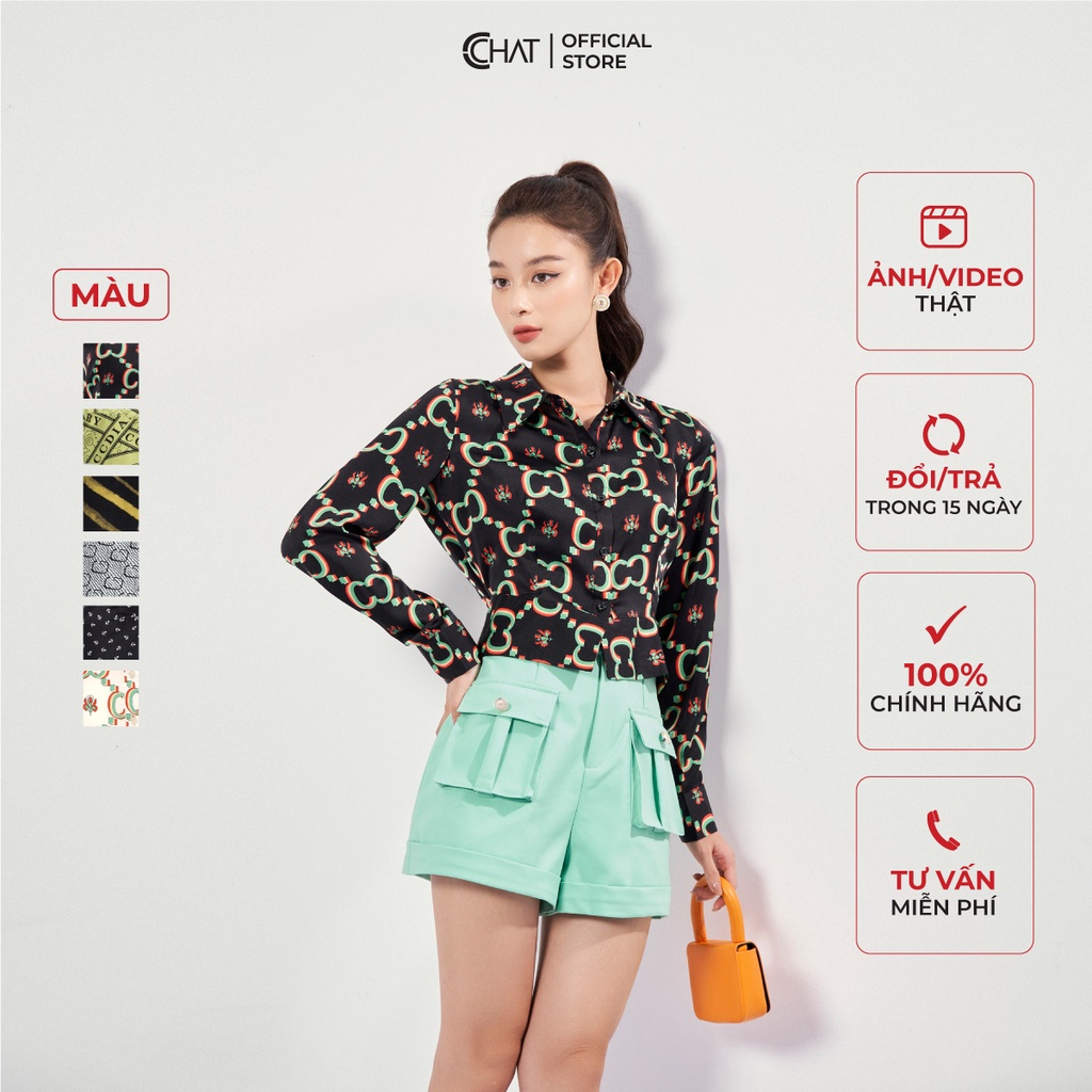 Áo Sơ Mi Nữ 𝐂𝐂𝐇𝐀𝐓 Dáng Ôm Bo Gấu Basic Chất Lụa Cao Cấp 22FDL5008GT