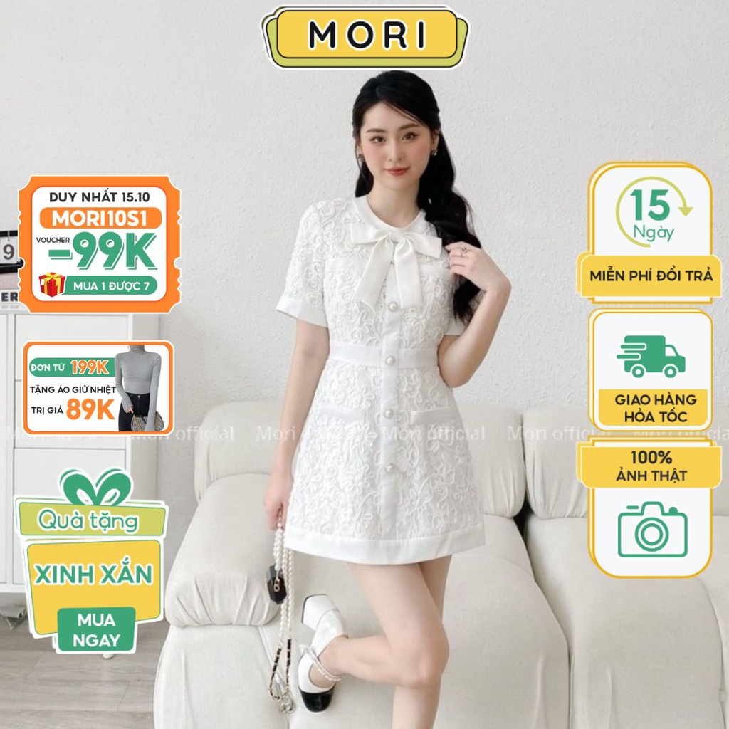 Đầm thiết kế nữ trắng cổ nơ phối cúc ngọc tiểu thư, đầm nữ thiết kế thanh lịch thời trang nữ Mori Clothing