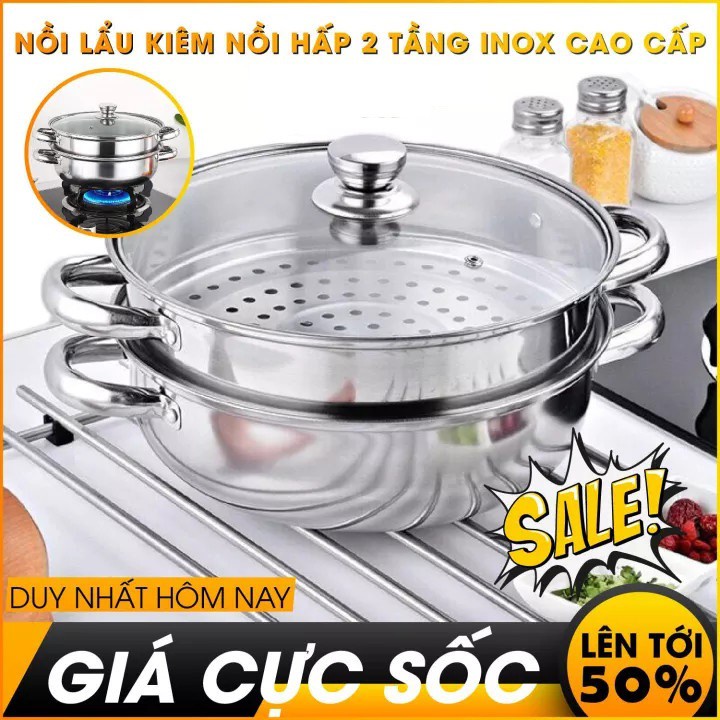 Nồi lẩu kiêm nồi hấp 2 tầng inox nắp thủy tinh