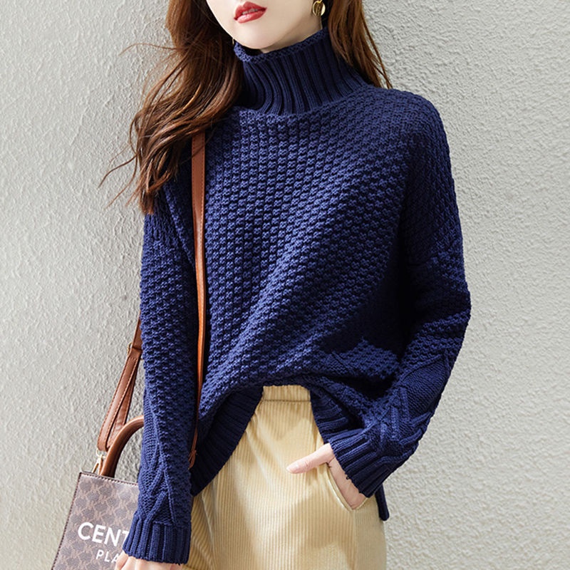 Áo Sweater Dệt Kim Cổ Lọ Tay Dài Dáng Rộng Màu Sắc Thanh Lịch