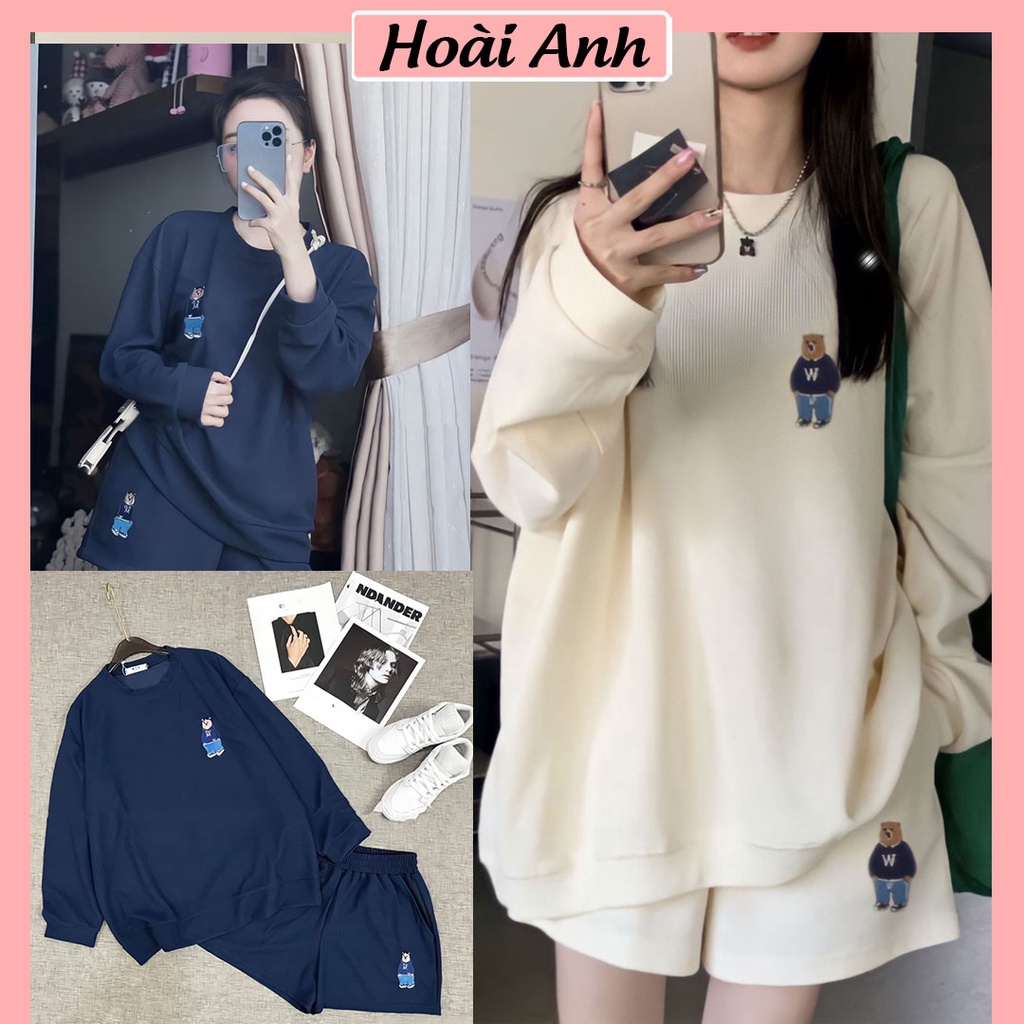 Bộ Áo Thun Nữ Thêu Gấu Dáng Rộng Set Áo Dài Tay Mix Quần Đùi Cạp Chun Freesize
