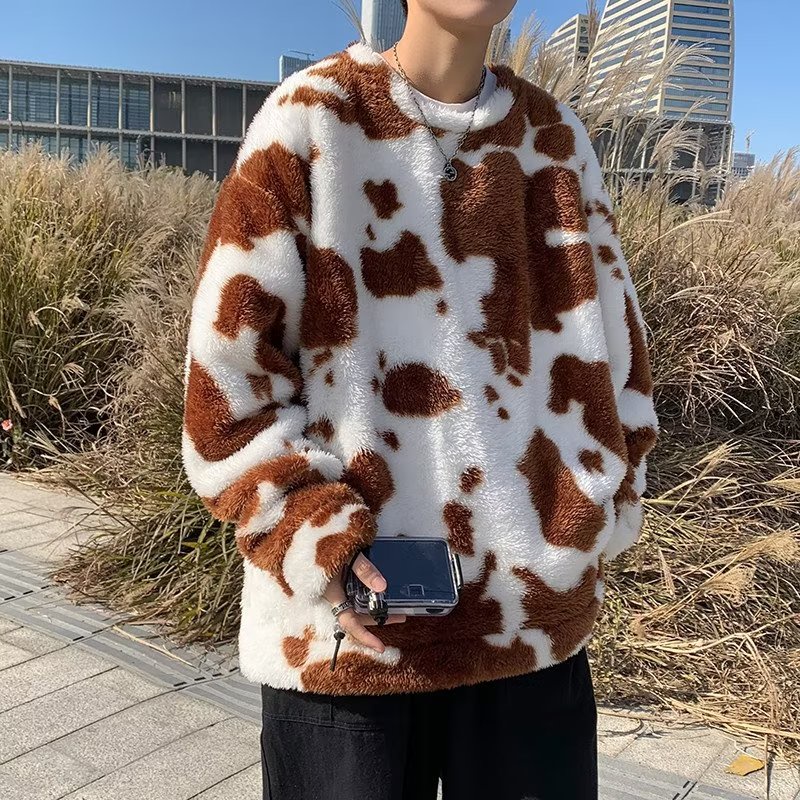 Áo Sweater Lông Cừu Dáng Rộng Họa Tiết Bò Sữa Phong Cách Hàn Quốc Thời Trang Thu Đông Cho Nam