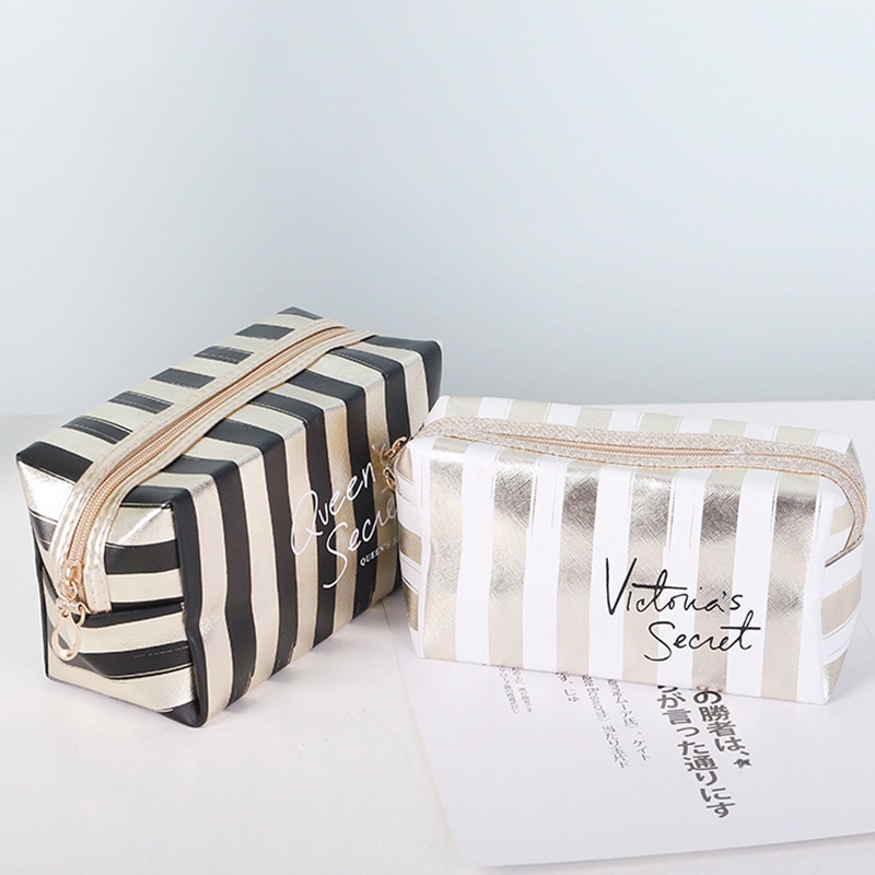 Túi Đựng Mỹ Phẩm JP5 Hình Bát Giác Bằng Da PU Họa Tiết Kẻ Sọc Màu laser Sang Trọng Tiện Dụng Cho Nữ