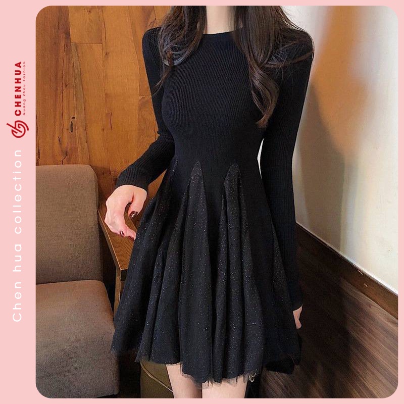 Váy len dài tay ChenHua đầm len nữ dáng ngắn chất len dày dặn đẹp VT13