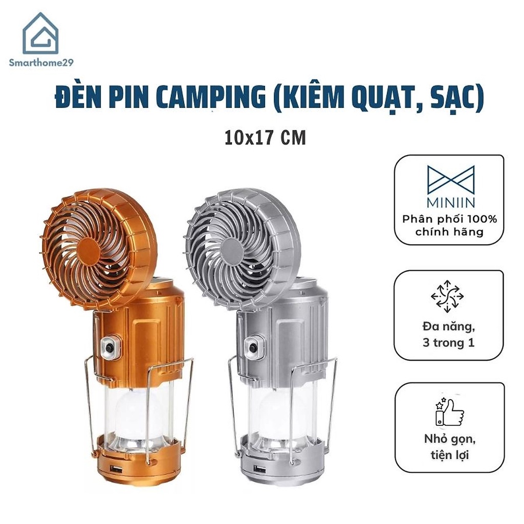 Đèn Pin 3 in 1 Du Lịch Đi Câu Cá Cắm Trại Picnic Sạc Năng Lượng Mặt Trời Có Quạt Kiêm Sạc Dự Phòng Chính Hãng MINIIN