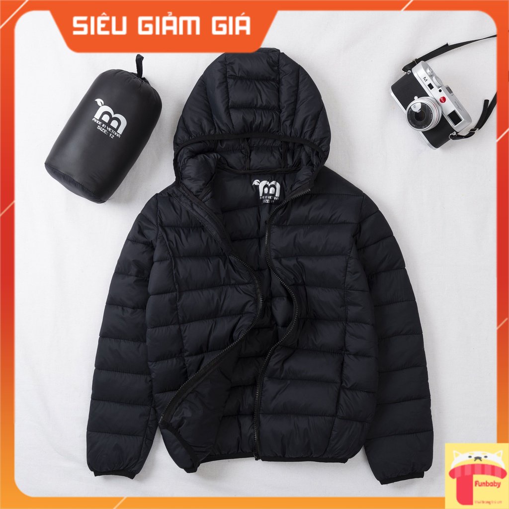 Áo phao trẻ em siêu nhẹ 9-15 tuổi in chữ m trần 2 mặt. Áo khoác bé trai dáng thời trang hàn Việt Nam xuất khẩu