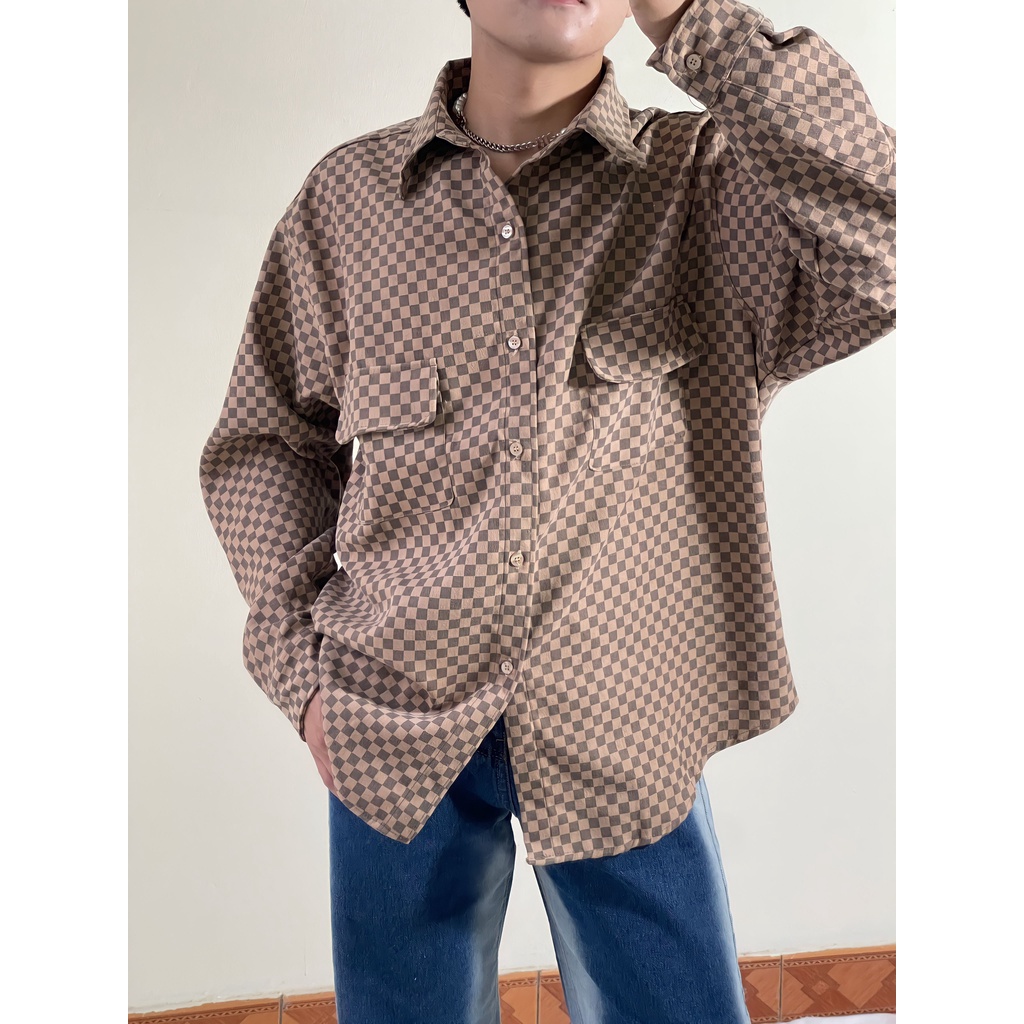 Áo Sơ Mi Kẻ Caro Nâu Dài Tay Unisex Phong Cách Street Style Hàng Trung Cao Cấp 9T5SM2-N