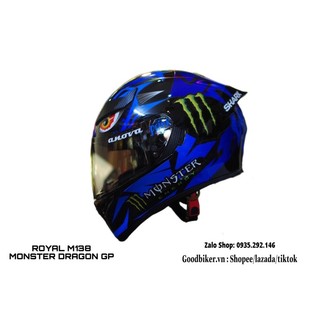 Mũ bảo hiểm fullface Royal M138 lên tem Monster Shark xanh GP