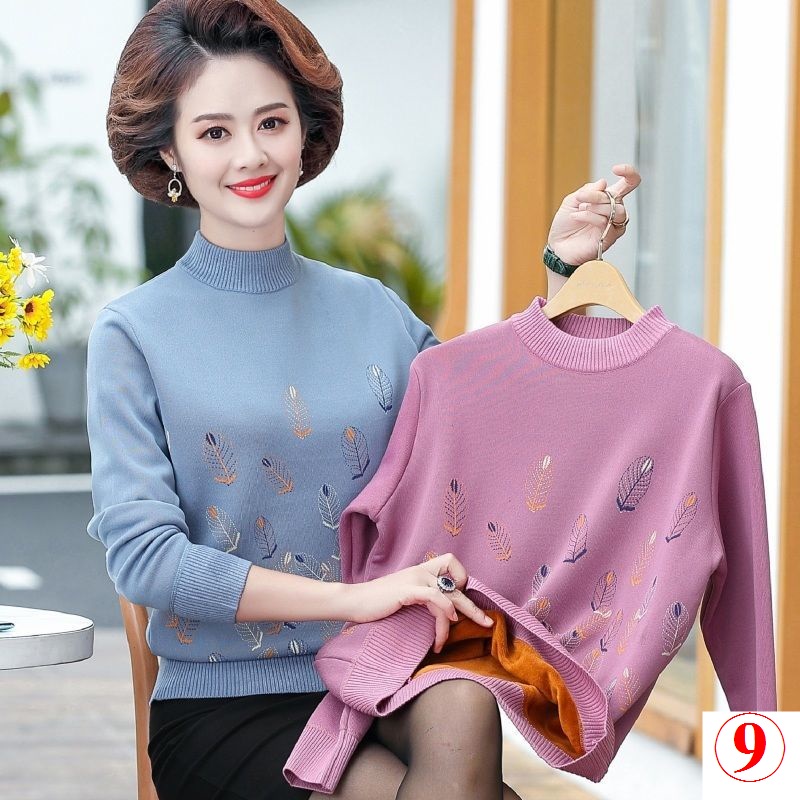 Áo Sweater Dệt Kim Lót Lông Cừu Dày Dặn Giữ Ấm Mùa Đông Cho Phụ Nữ Trung Niên