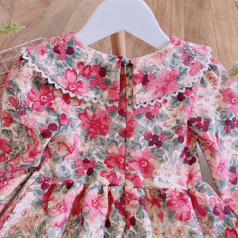 Váy thu đông cho bé gái từ 8-32kg chất nhung tăm in hoa đỏ cao cấp