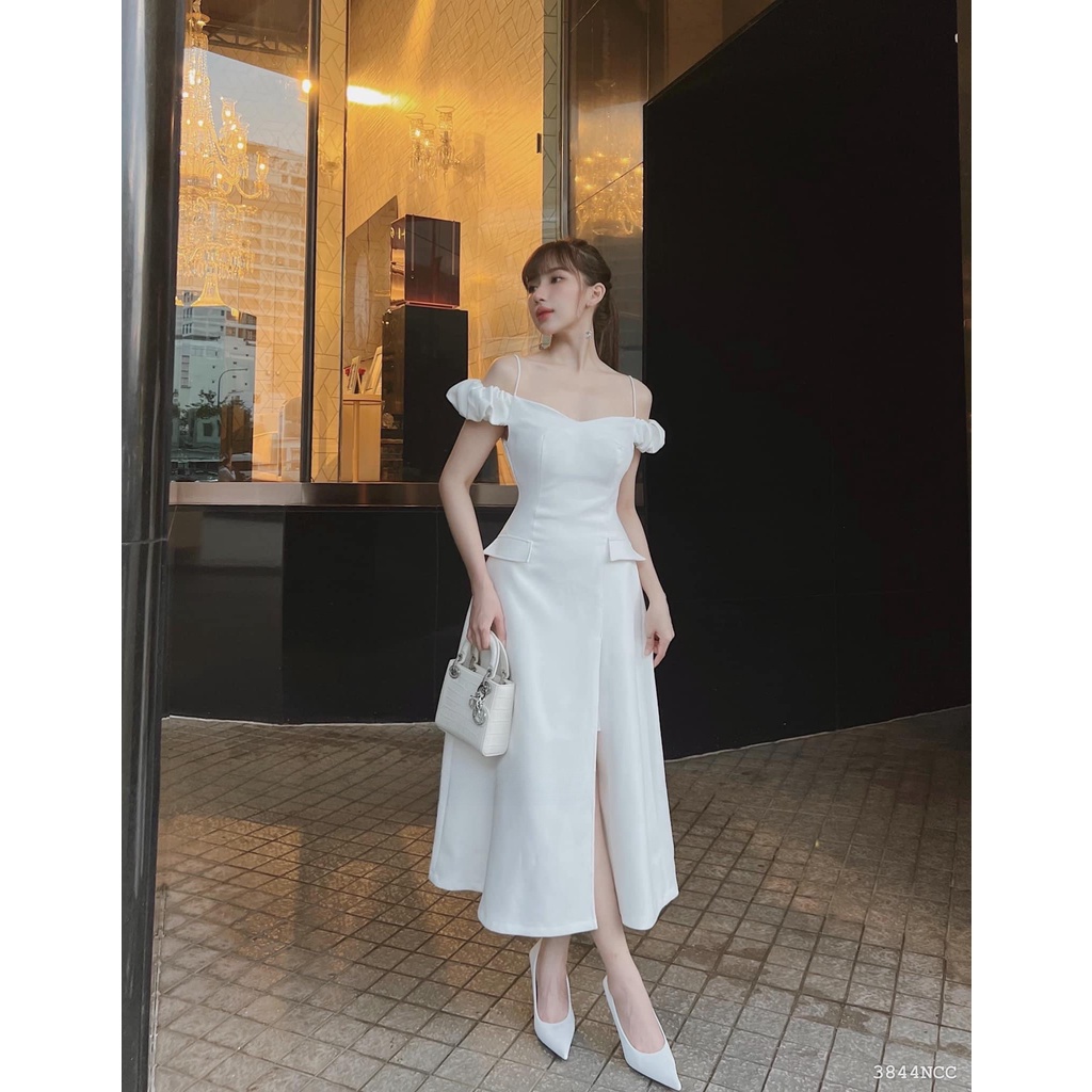 Đầm dài trễ vai xòe xẻ tà 3844 - đầm thời trang nữ