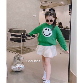 Set áo len xanh lá mặt cười bé gái