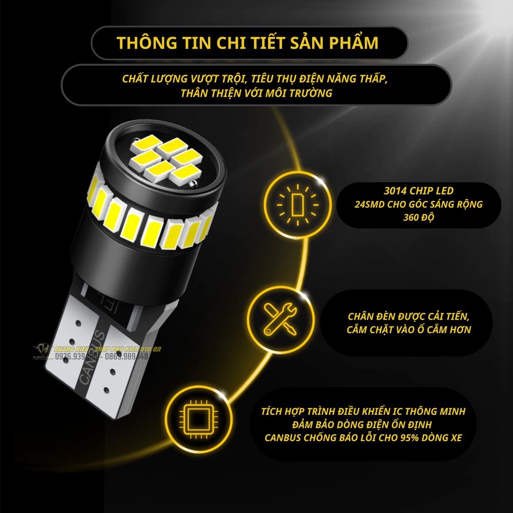 LED T10 Auxito canbus ánh sáng trắng đỏ vàng xanh không báo lỗi 6000k