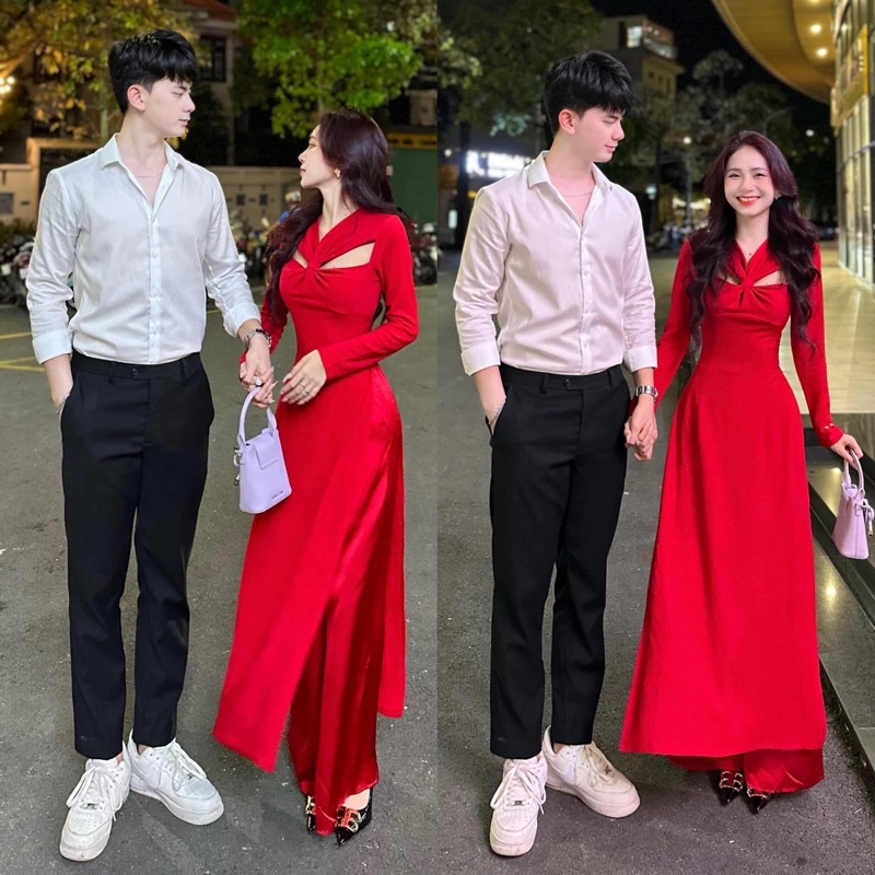 Set áo dài đỏ cách tân mang tết cổ xéo tay dài
