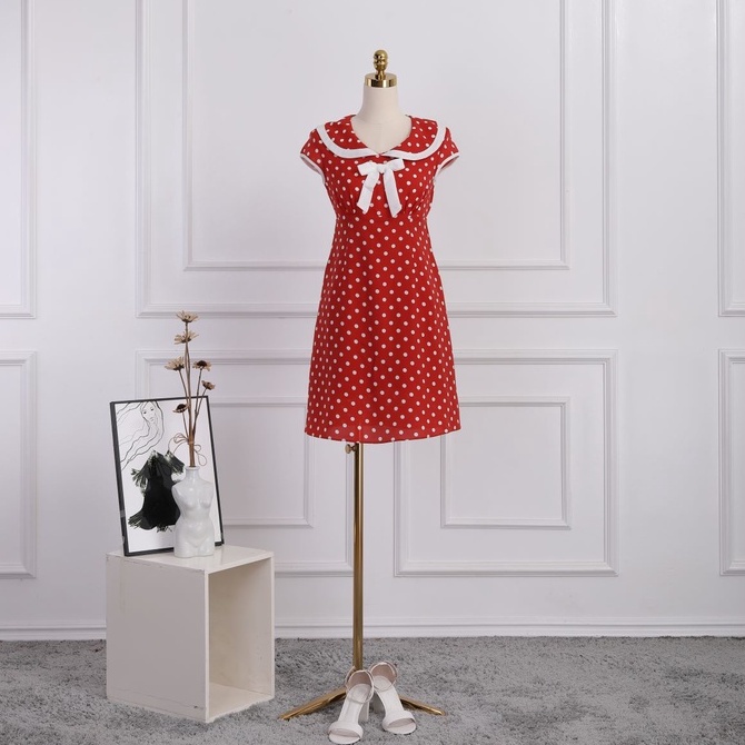 Đầm nữ ngắn tay, dáng xòe, cổ sơ mi, đính nơ ngực tiểu thư, thiết kế cao cấp TK Fashion - DK795