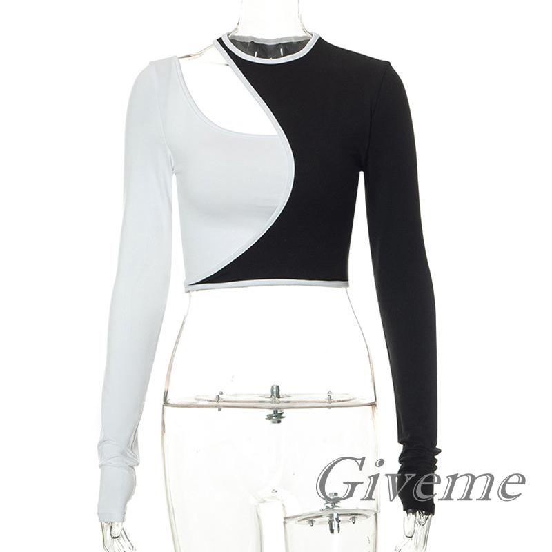 Áo Thun Lửng Tay Dài Cổ Tròn Màu Sắc Tương Phản Thời Trang Cho Nữ