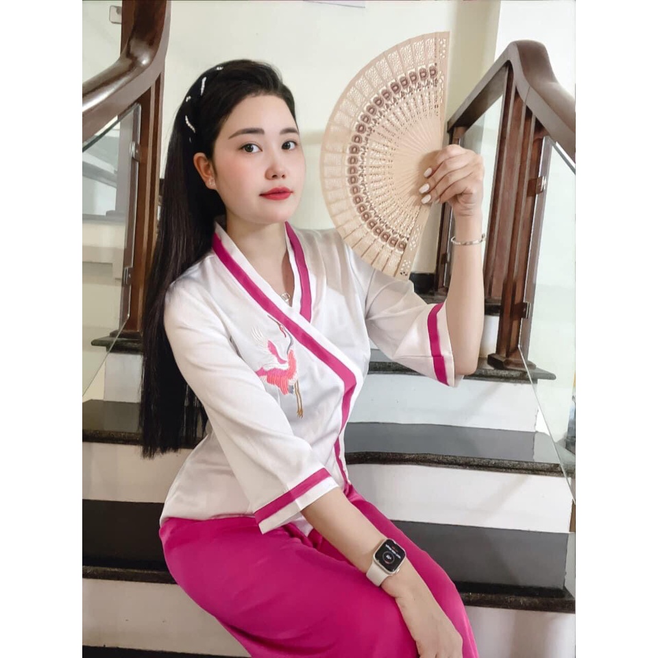 Đồ lam đi chùa Quần áo pháp phục đi lễ cách tân cổ chéo thêu hạc lụa mềm mại thiết kế thanh lịch