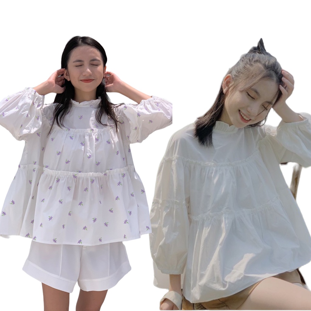 áo babydoll Lollie Studio TKA342 cổ bèo tầng dài tay