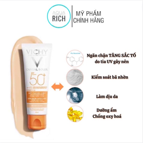 Kem Chống Nắng Chống Ô Nhiễm Bụi Kiềm Dầu & Giảm Thâm Nám Vichy Capital Soleil Mattifying 3In1 SPF50+