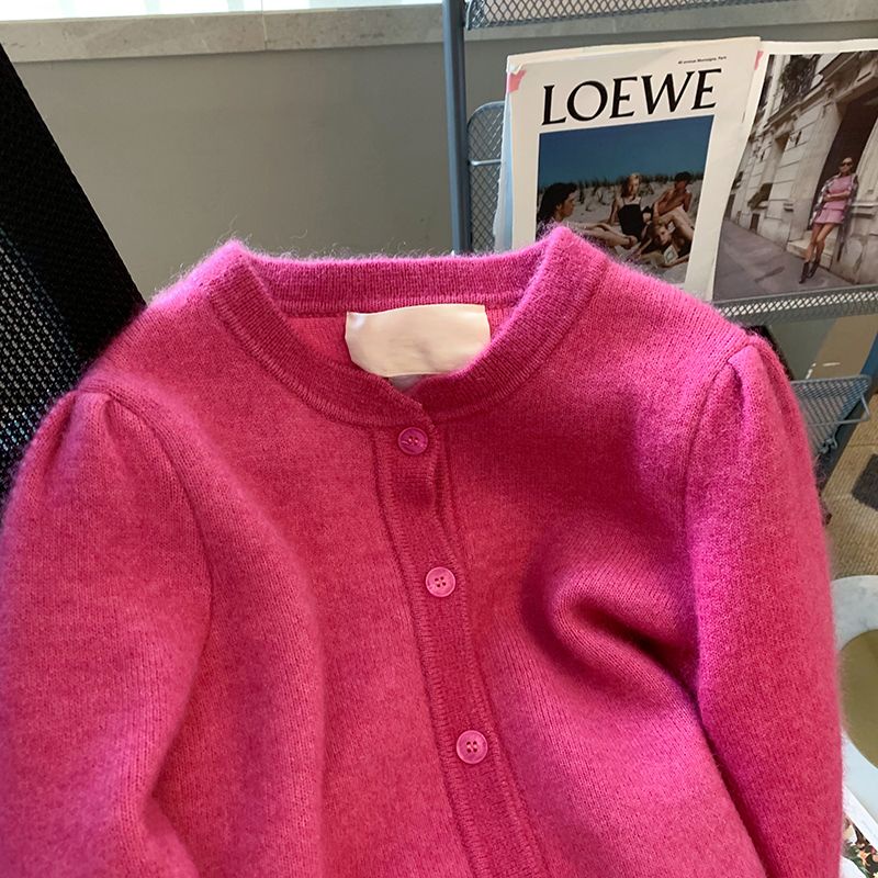 Áo Khoác Cardigan Dệt Kim Màu Đỏ Hồng Mềm Mại Phong Cách Retro Cho Nữ