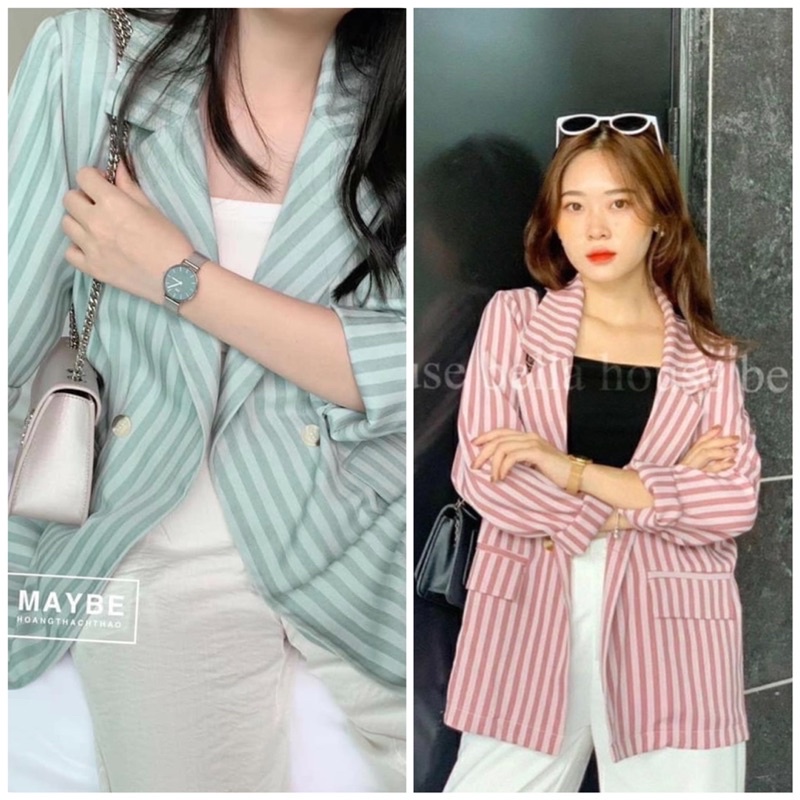 Áo blazer kẻ sọc hồng xanh túi nắp phong cách hàn quốc đơn giản - Áo vest dáng rộng kẻ form rộng