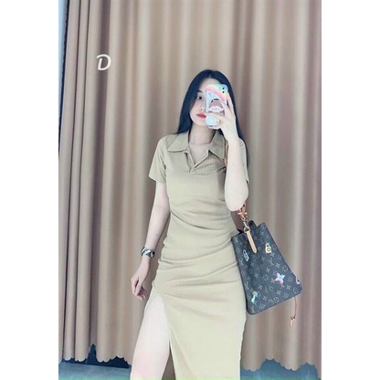 Đầm thun gân cổ bẻ tay ngắn, đầm thun ôm body dáng dài xẻ tà đơn giản 2 màu đen nu