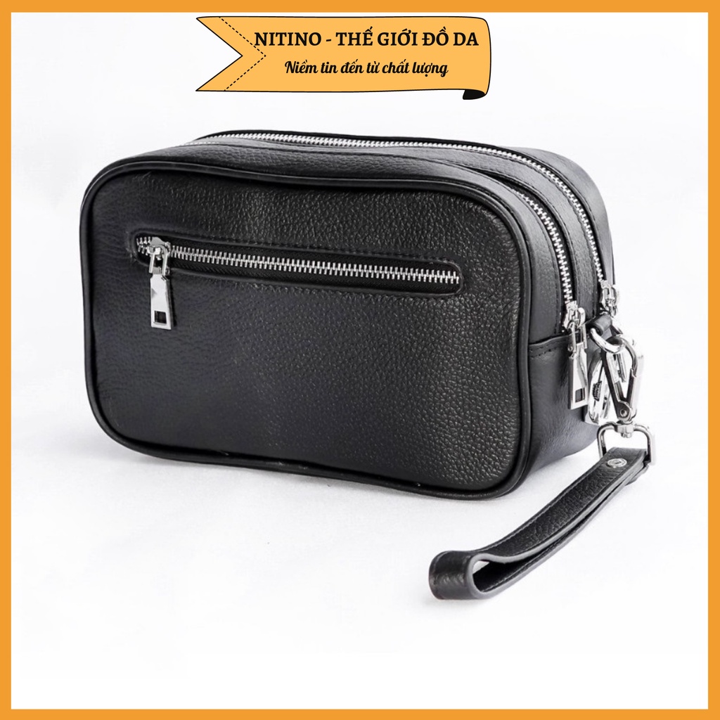Clutch hộp nam nữ cầm tay 2 ngăn kéo, có khóa số bảo mật da bò thật CL10