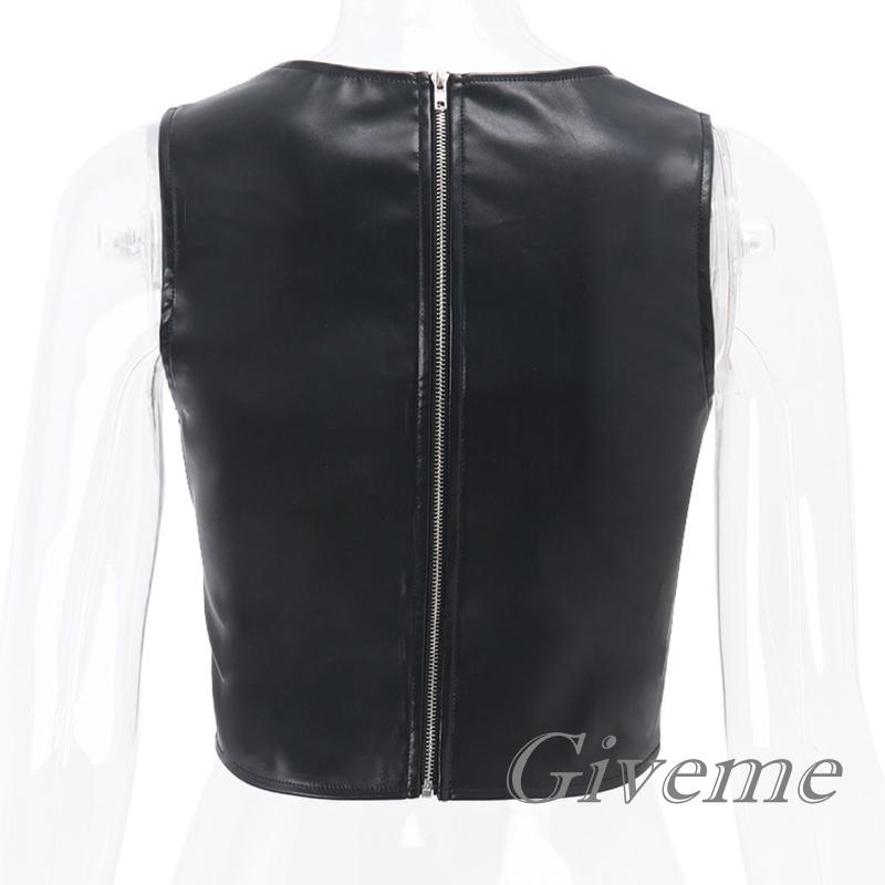 Áo Croptop Sát Nách Da PU Cổ Vuông Màu Trơn Phối Khoá Kéo Phong Cách Đường Phố