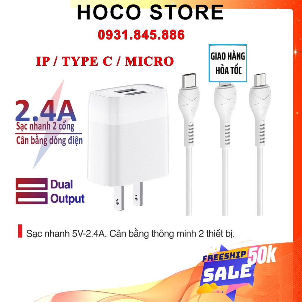 Bộ Cốc Cáp Sạc Nhanh 2 Cổng HOCO C73 2.4A 12W Type C Micro USB cho IP tablet Android