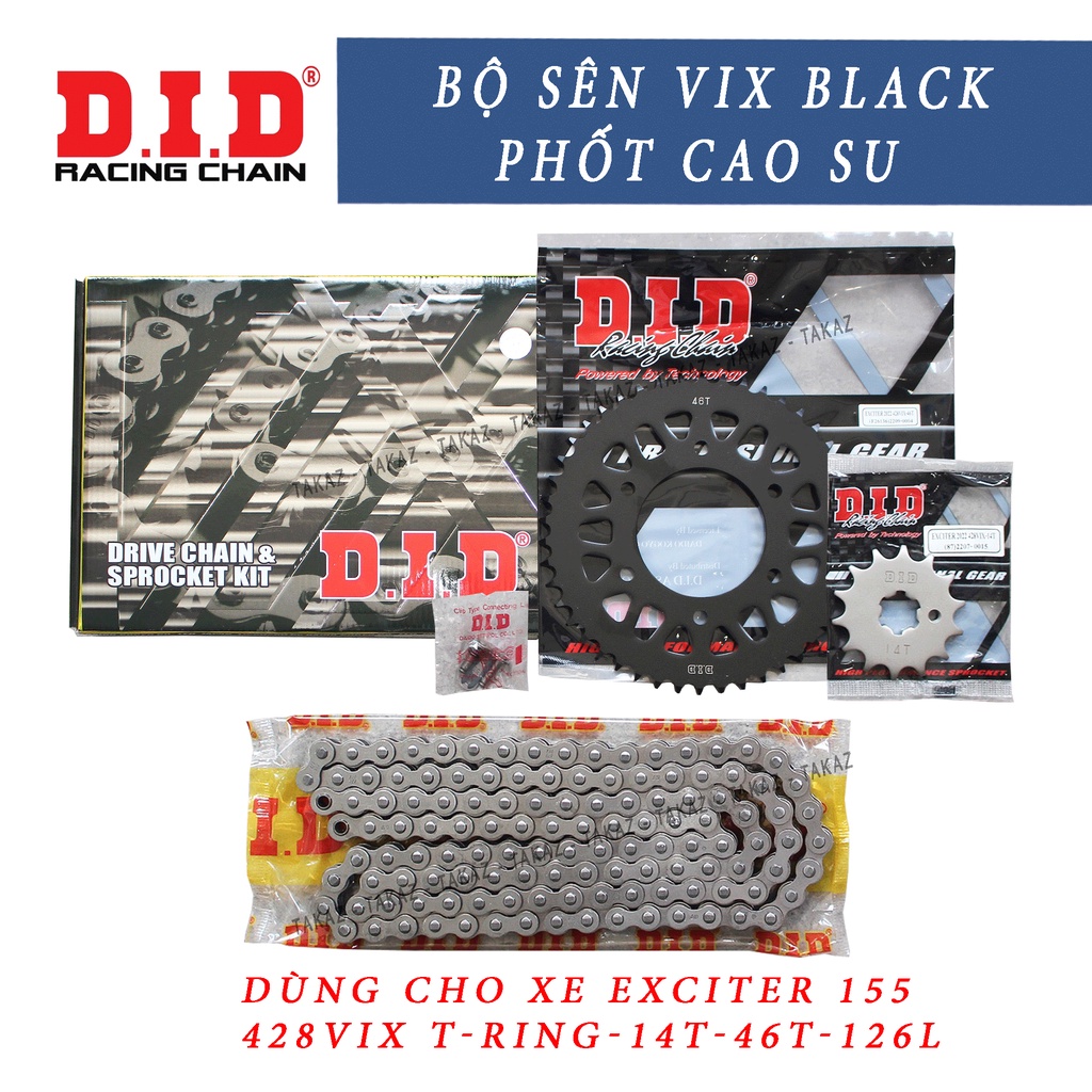 Bộ nhông sên dĩa DID xe Exciter 155cc sên phốt cao su hoặc sên đen 10ly