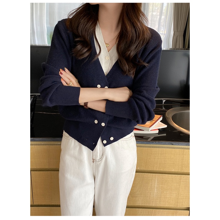 ZHELIHANGFEI Áo Sweater Dài Tay Cổ Chữ V Lưng Cao Phối Lớp Xinh Xắn Dành Cho Nữ